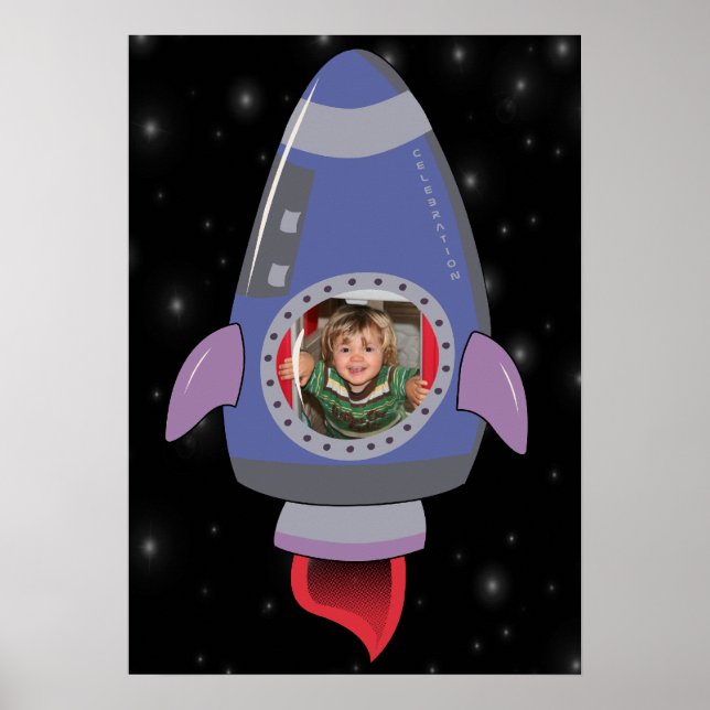 Kind im Raum für Raumfahrten mit Raketenschiff Poster (Vorne)