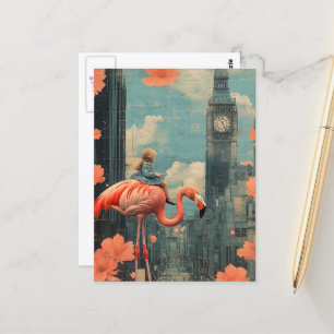 Kind in einem blauen Kleid fährt auf einem rosa Fl Postkarte