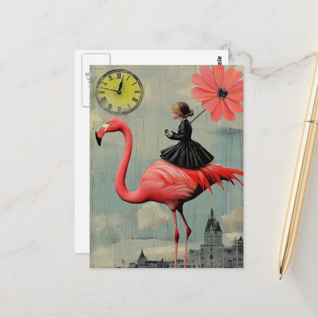 Kind in einem schwarzen Kleid fährt auf einem rosa Postkarte (Vorderseite/Rückseite Beispiel)