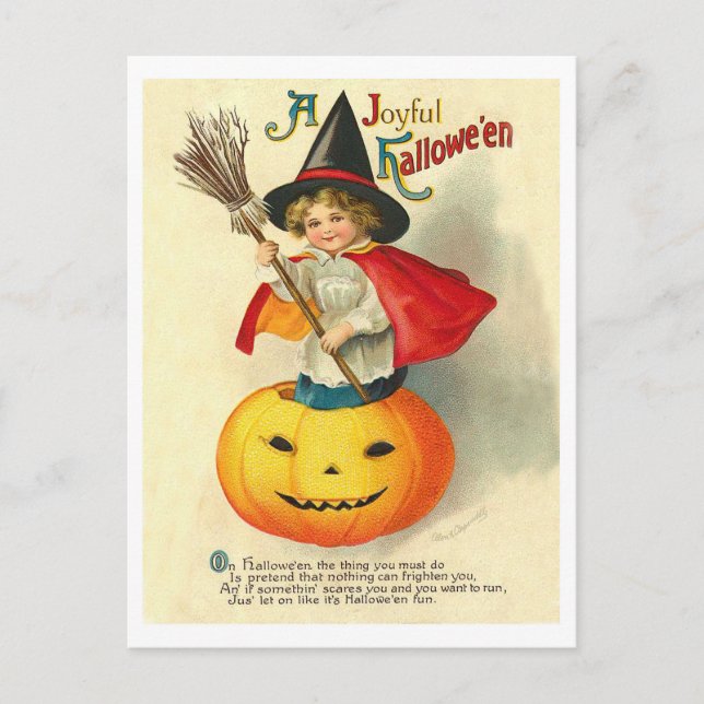 Kind in Hexenkostüm auf geschnitztem Kürbis, Vinta Postkarte (Vorderseite)
