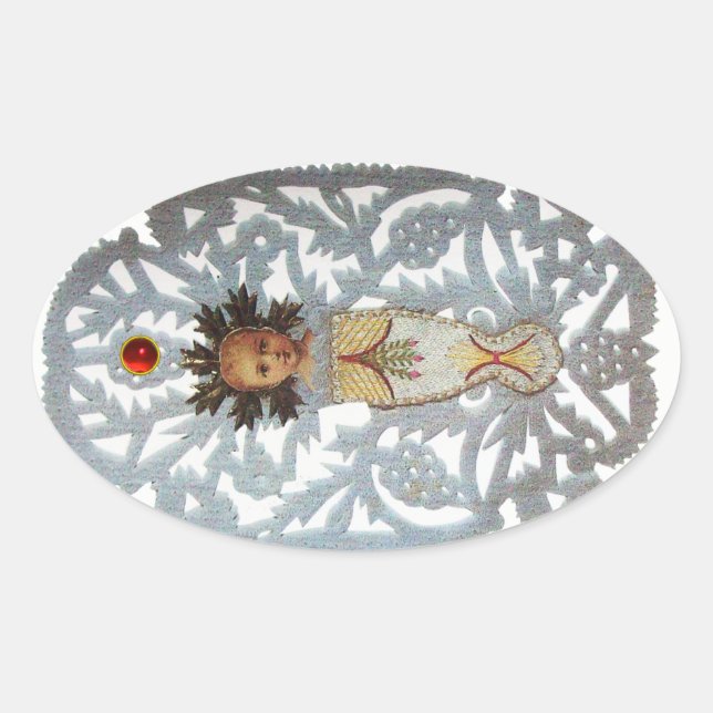Kind Jesus, antikes Weihnachtspapier Carvingruby Ovaler Aufkleber (Vorderseite)