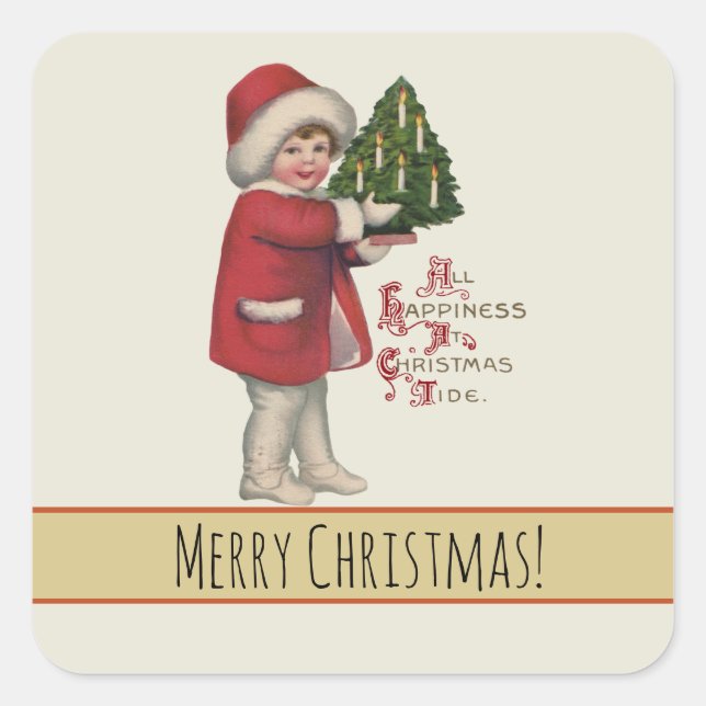 Kind mit Christbaum Vintage Illustration Kunst Quadratischer Aufkleber (Vorderseite)