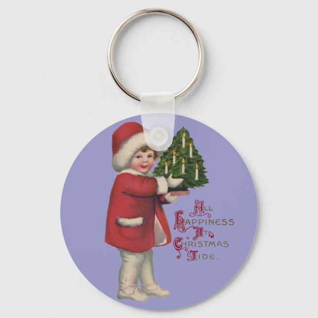 Kind mit Christbaum Vintage Illustration Kunst Schlüsselanhänger (Vorderseite)