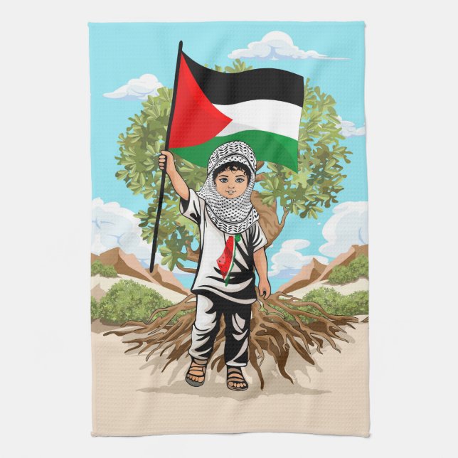 Kind mit Keffiyeh Palästina-Flagge Geschirrtuch (Vertikal)