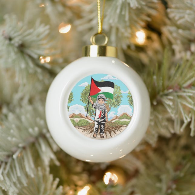 Kind mit Keffiyeh Palästina-Flagge und Olivenbaum Keramik Kugel-Ornament (Baum)
