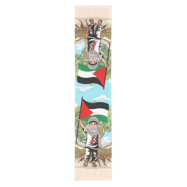Kind mit Keffiyeh Palästina-Flagge und Olivenbaum Kurzer Tischläufer (Vorderseite)