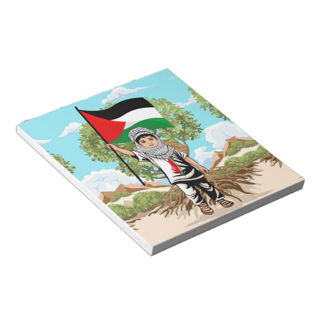 Kind mit Keffiyeh Palästina-Flagge und Olivenbaum Notizblock (angewinkelt)