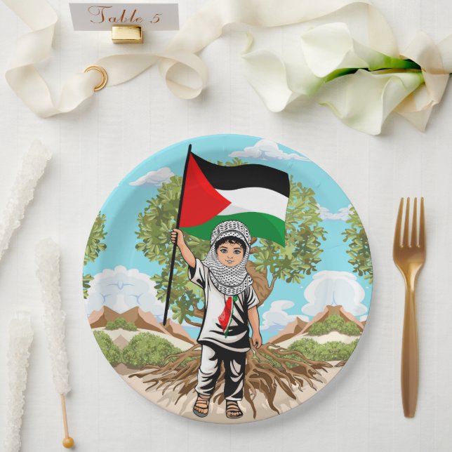 Kind mit Keffiyeh Palästina-Flagge und Olivenbaum Pappteller (Hochzeit)