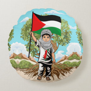 Kind mit Keffiyeh Palästina-Flagge und Olivenbaum Rundes Kissen
