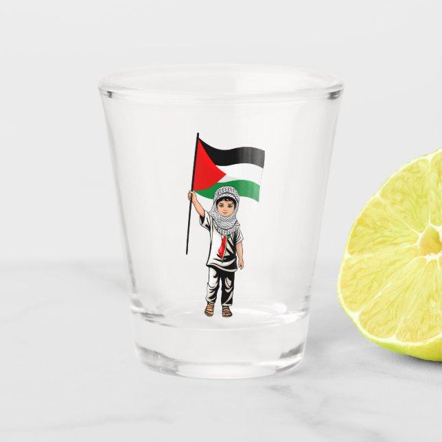 Kind mit Keffiyeh Palästina-Flagge und Olivenbaum Schnapsglas (Vorderseite)