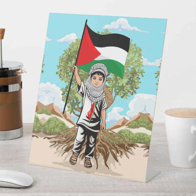 Kind mit Keffiyeh Palästina-Flagge und Olivenbaum Sockelschild (In Situ)