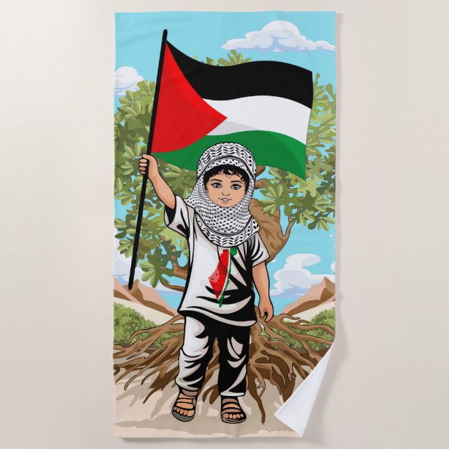 Kind mit Keffiyeh Palästina-Flagge und Olivenbaum Strandtuch (Vorderseite)