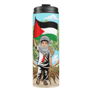 Kind mit Keffiyeh Palästina-Flagge und Olivenbaum Thermosbecher