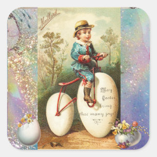 Kind mit Ostereier-Fahrrad und bunten Blumen Quadratischer Aufkleber