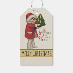Kind mit Weihnachtsbaum Vintage-Illustrationskunst Geschenkanhänger