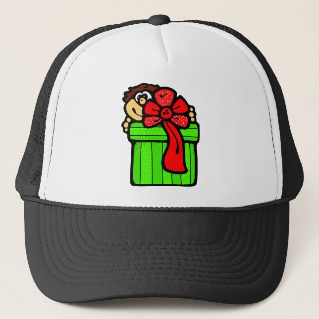 Kind mit Weihnachtsgeschenk Truckerkappe (Vorderseite)