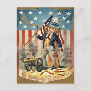 Kind Onkel Sam Kanone Feuer US-Flagge Postkarte