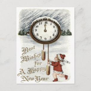 Kind Schnee Winter Uhr Neujahr Feiertagspostkarte