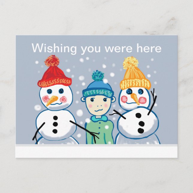 Kind, Schneemann und Beanies Postkarte (Vorderseite)