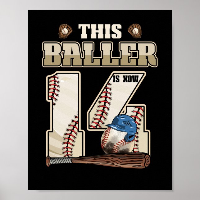 Kinder 14. Geburtstag Baseball Junge Vierzehn Jahr Poster (Vorne)