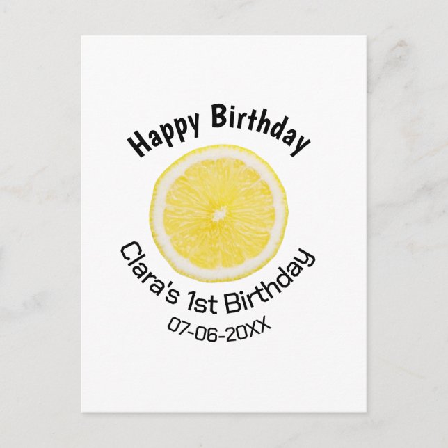 Kinder 1 Geburtstag Zitronenscheibe Name Datum m Postkarte (Vorderseite)