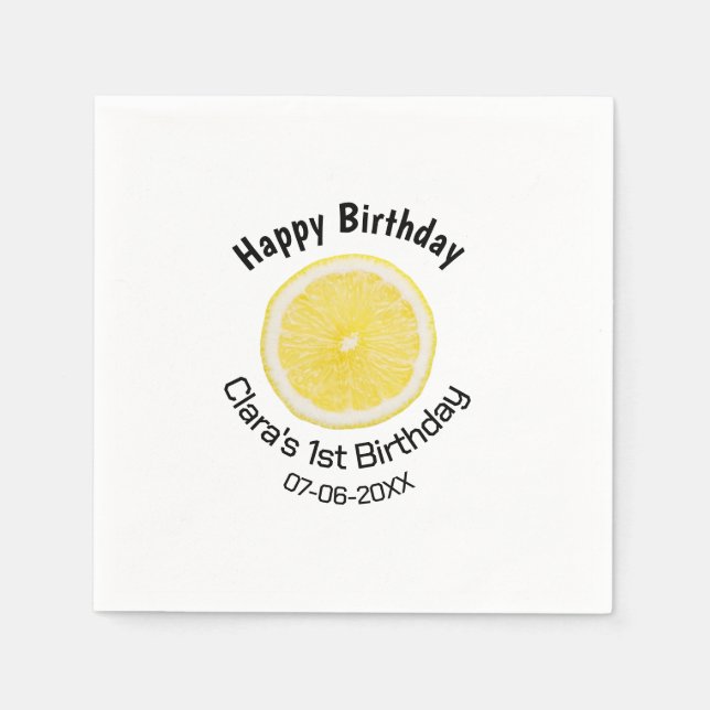 Kinder 1 Geburtstag Zitronenscheibe Name Datum m Serviette (Vorderseite)