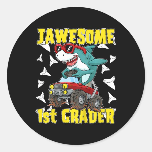 Kinder 1er Klasse Monster Truck Dinosaur Megalodon Runder Aufkleber (Vorderseite)