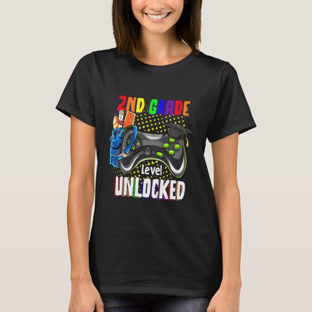 Kinder 2. Klasse Entsperrtes Videospiel zurück auf T-Shirt (Vorderseite)