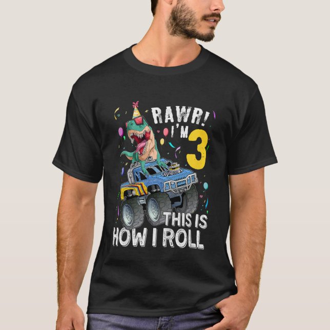 Kinder 3 Jahre alt Dinosaurier Rex Monster Truck 3 T-Shirt (Vorderseite)