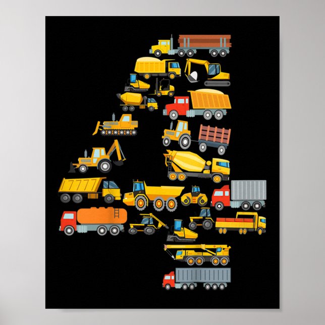 Kinder 4. Geburtstag Junge Bau Bagger Fahrzeug Poster (Vorne)