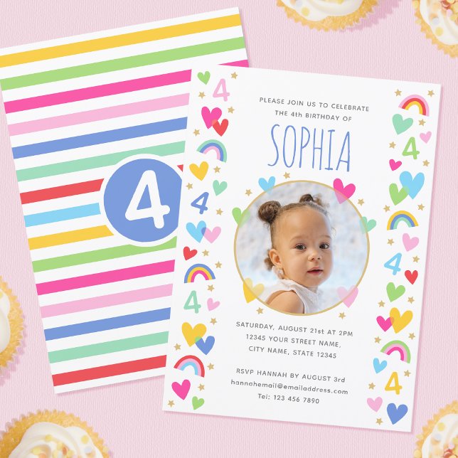Kinder 4. Geburtstag Niedlich Rainbow Foto Hearts  Einladung (Von Creator hochgeladen)