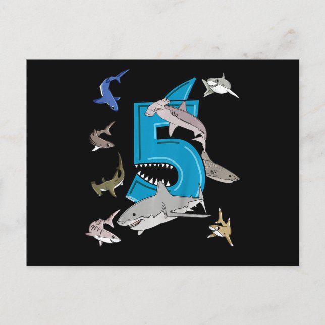 Kinder 5th Birthday Boys Shark White Shark Ankündigungspostkarte (Vorderseite)