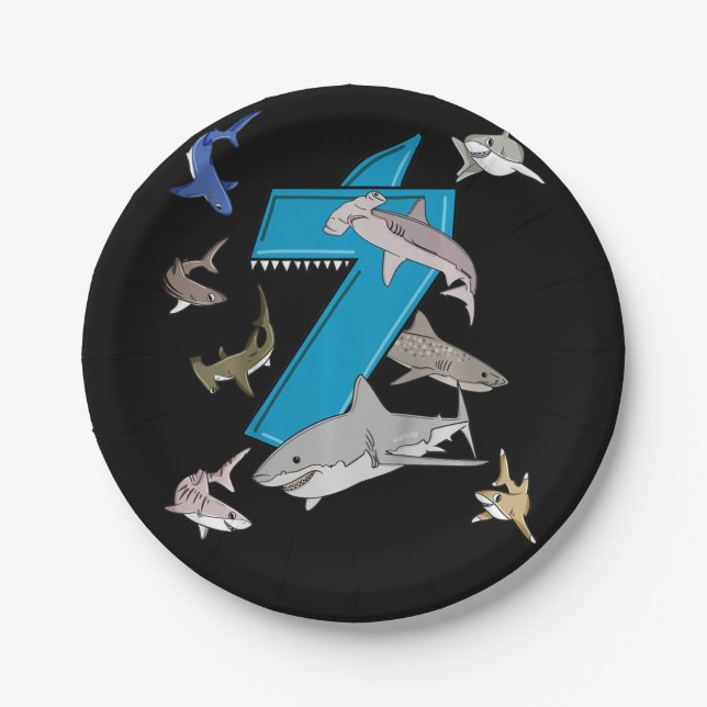 Kinder 7. Geburtstag Jungen Hai Weiße Haie Pappteller (Vorderseite)