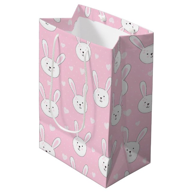 Kinder Adorable Bunny Rabbit Osterpink Herz Mittlere Geschenktüte (Vorderseite Schrägansicht)
