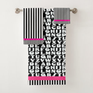 Kinder Alphabet Schwarze Streifen Hot Pink Badhandtuch Set