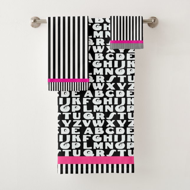Kinder Alphabet Schwarze Streifen Hot Pink Badhandtuch Set (Insitu)