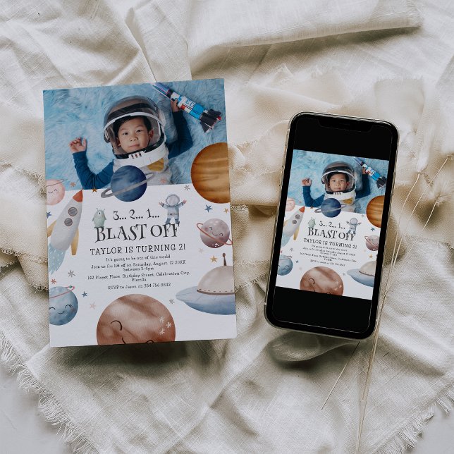 Kinder Aquarell Weltraum Foto Geburtstagsparty Einladung (Von Creator hochgeladen)