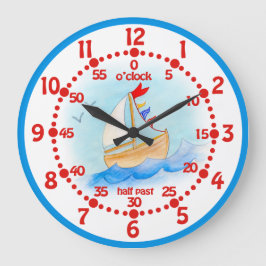 Kinder auf dem Segelboot lernen Zeit blaue, weiße Große Wanduhr