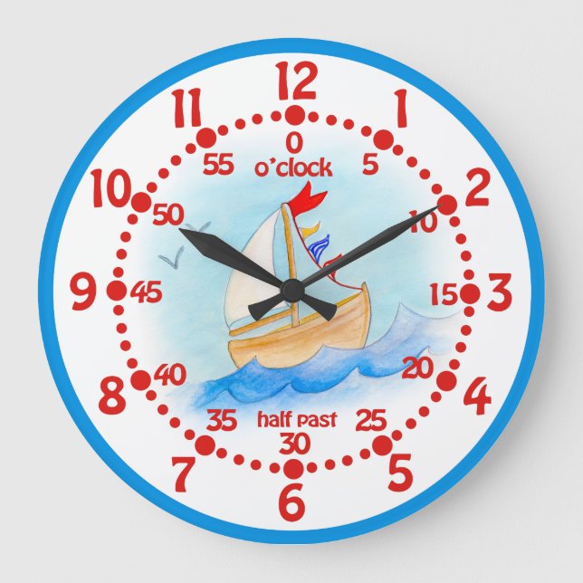Kinder auf dem Segelboot lernen Zeit blaue, weiße  Große Wanduhr (Vorderseite)