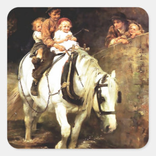 Kinder auf einem Pferdebild Quadratischer Aufkleber