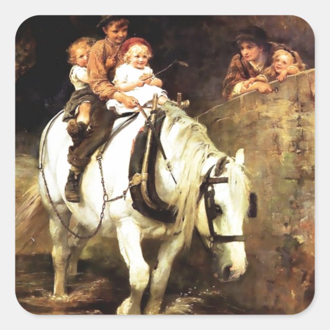 Kinder auf einem Pferdebild Quadratischer Aufkleber (Vorderseite)