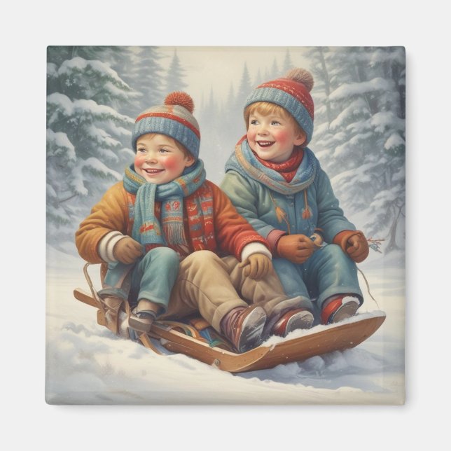 Kinder auf einem Schlittenmagnet Magnet (Vorne)