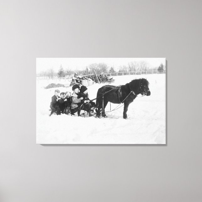 Kinder auf Pony Gezeichnet Schlittenfotografie Leinwanddruck (Vorderseite)