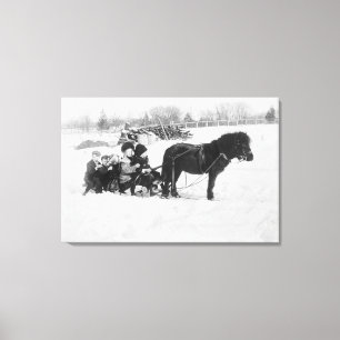 Kinder auf Pony Gezeichnet Schlittenfotografie Leinwanddruck