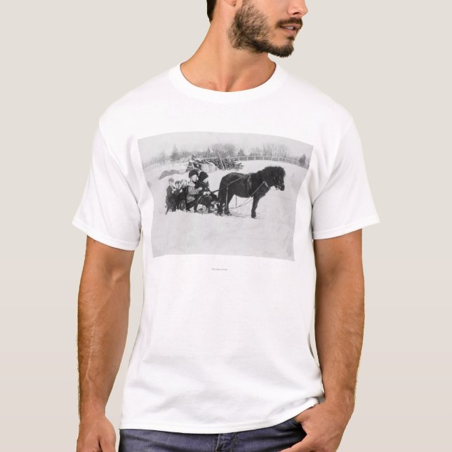 Kinder auf Pony gezeichneter Schlitten-Fotografie T-Shirt (Vorderseite)