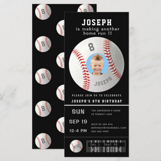 Kinder Baseball Custom Foto Sport Ticket Einladung (Vorne/Hinten)