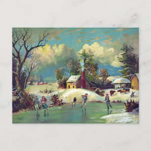 Kinder beim Eislaufen auf einem zugefrorenen See Postkarte