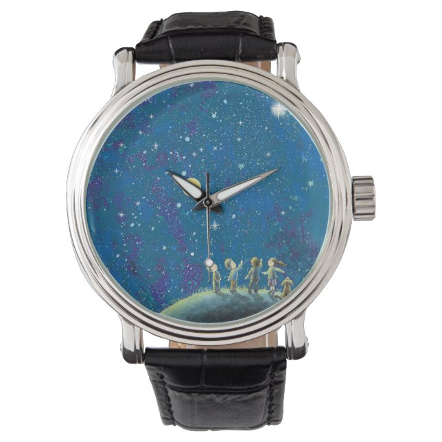 Kinder beim nächtlichen Himmel Armbanduhr (Vorderseite)