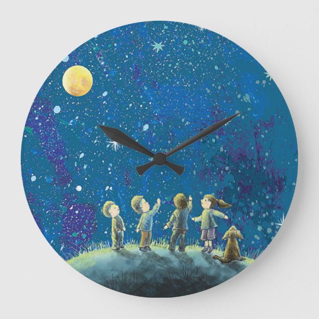 Kinder beim nächtlichen Himmel Große Wanduhr (Vorderseite)