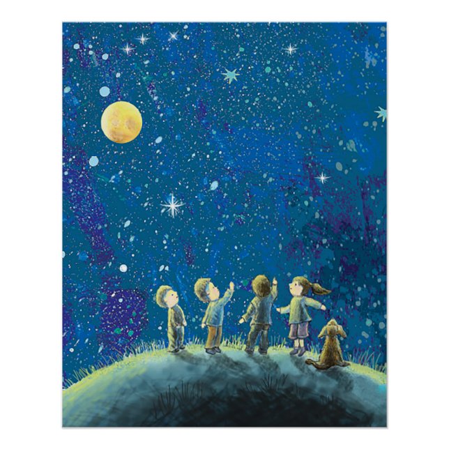 Kinder beim nächtlichen Himmel Poster (Vorderseite)